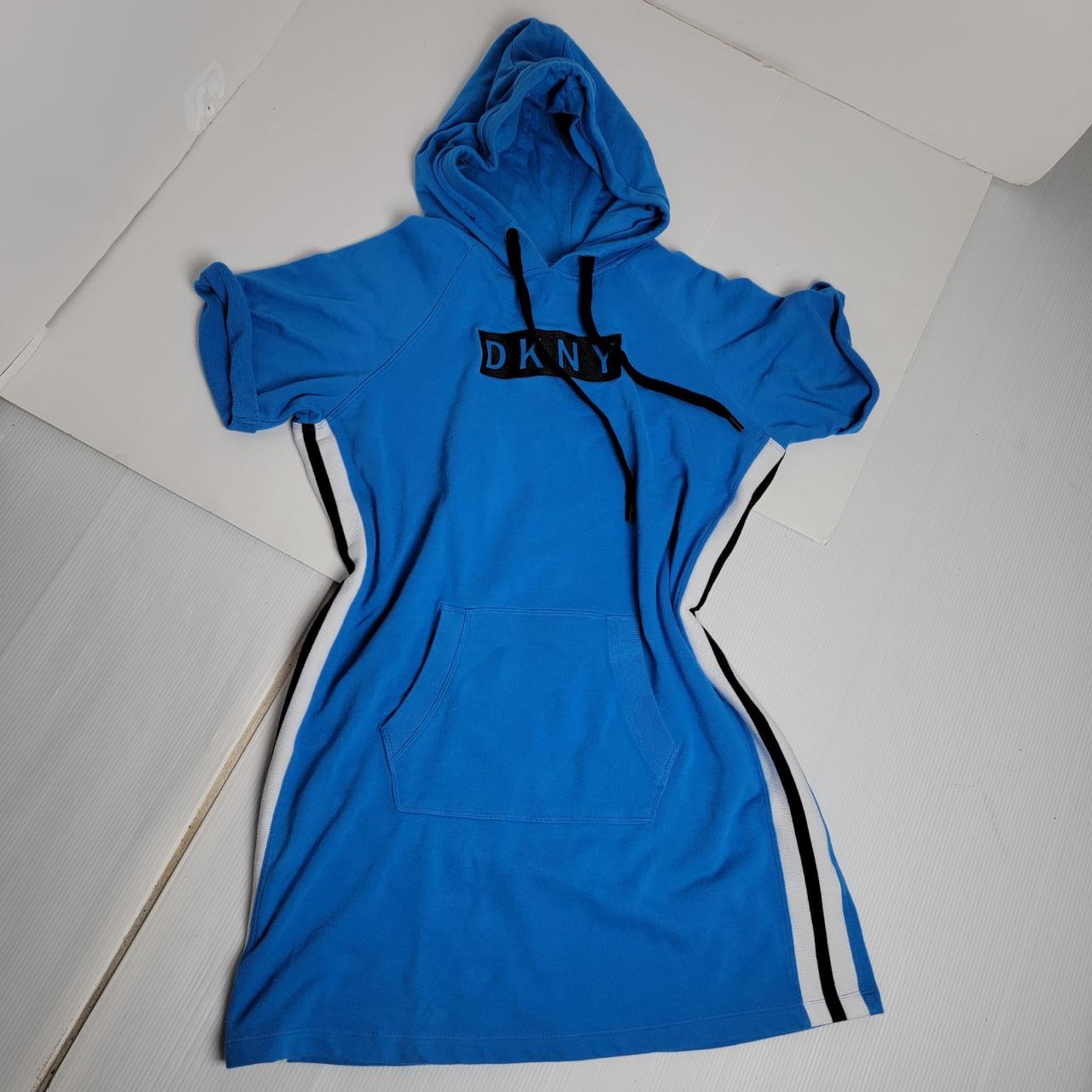 Dkny Bright Blue Hooded Mini Dress With Black & White Side Stripes